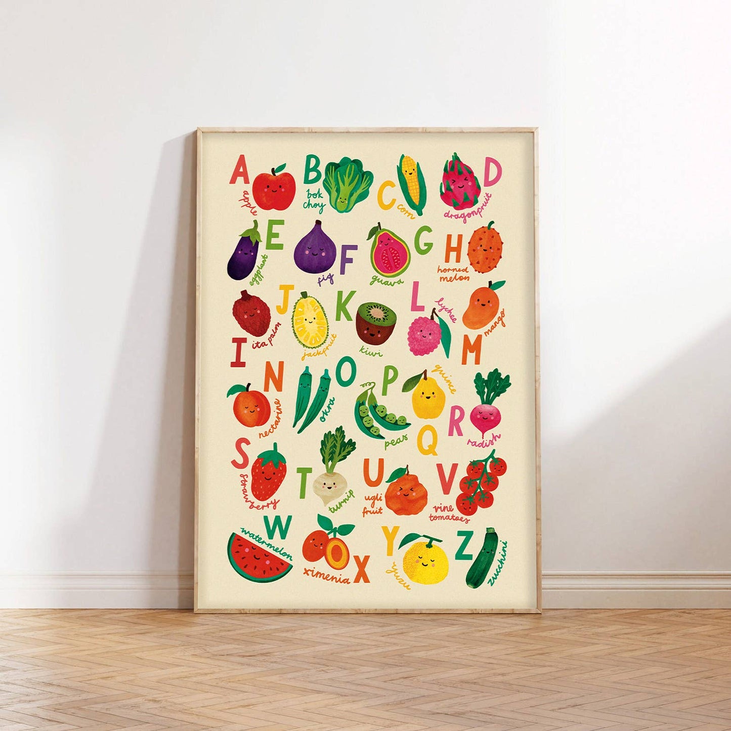 Fruit + Veg A-Z Alphabet Print - Modern Educational Kids Art: A4