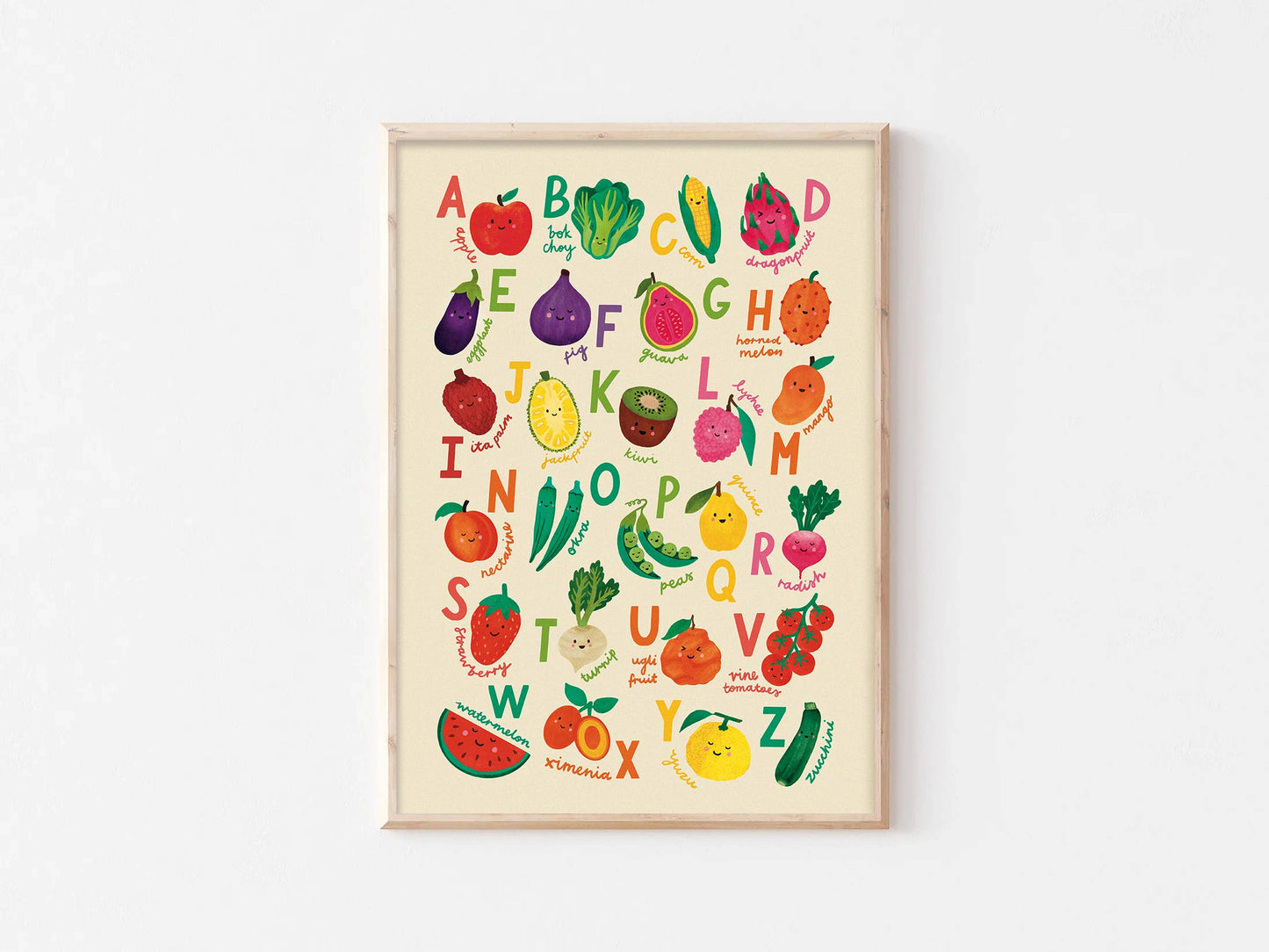Fruit + Veg A-Z Alphabet Print - Modern Educational Kids Art: A4